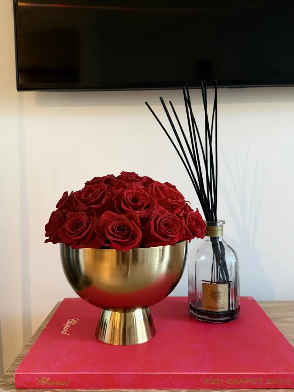 Elegant Red Rose Floral Arrangement in Silver Vase - Home Accents